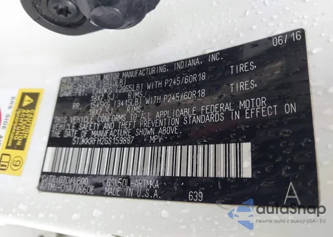 2016 Toyota Highlander Xle V6 из США, поврежденный, VIN 5TDKKRFH2GS159887